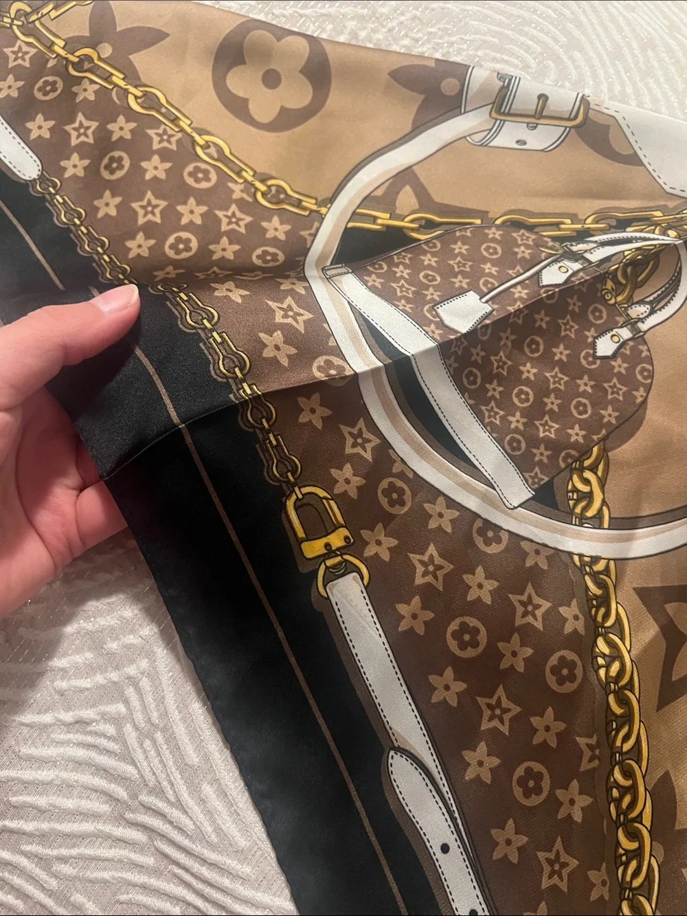 Brown Printed Women's Fashion Scarf with Chain & Bag Motif